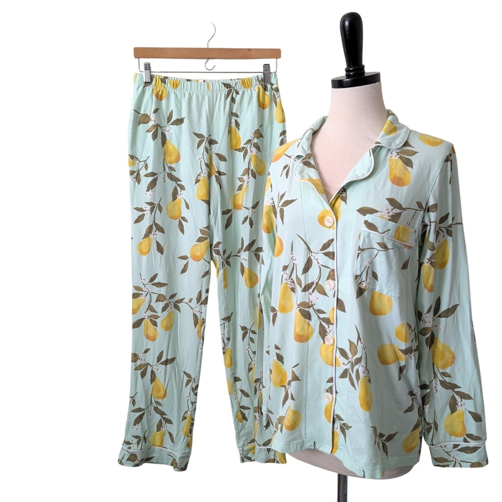 BedHead Pajamas Mint Green Pear Fruit Button Sleepwear Set Small Organic Cotton